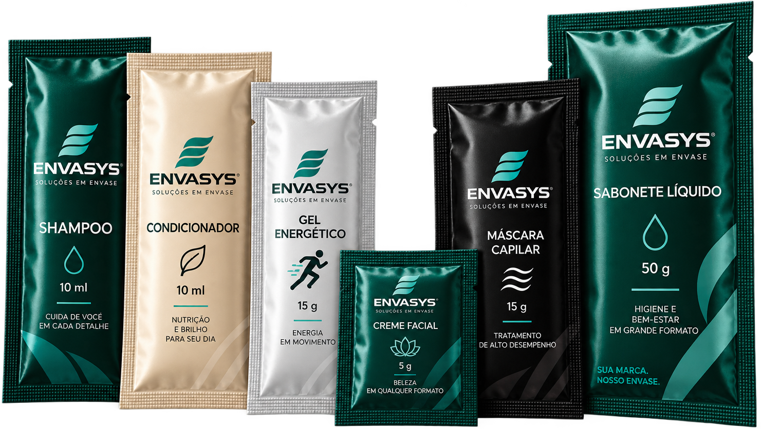 Linha de sachês Envasys em diferentes tamanhos e formatos: shampoo 10 ml, condicionador 10 ml, gel energético 15 g, creme facial 5 g, máscara capilar 15 g e sabonete líquido 50 g
